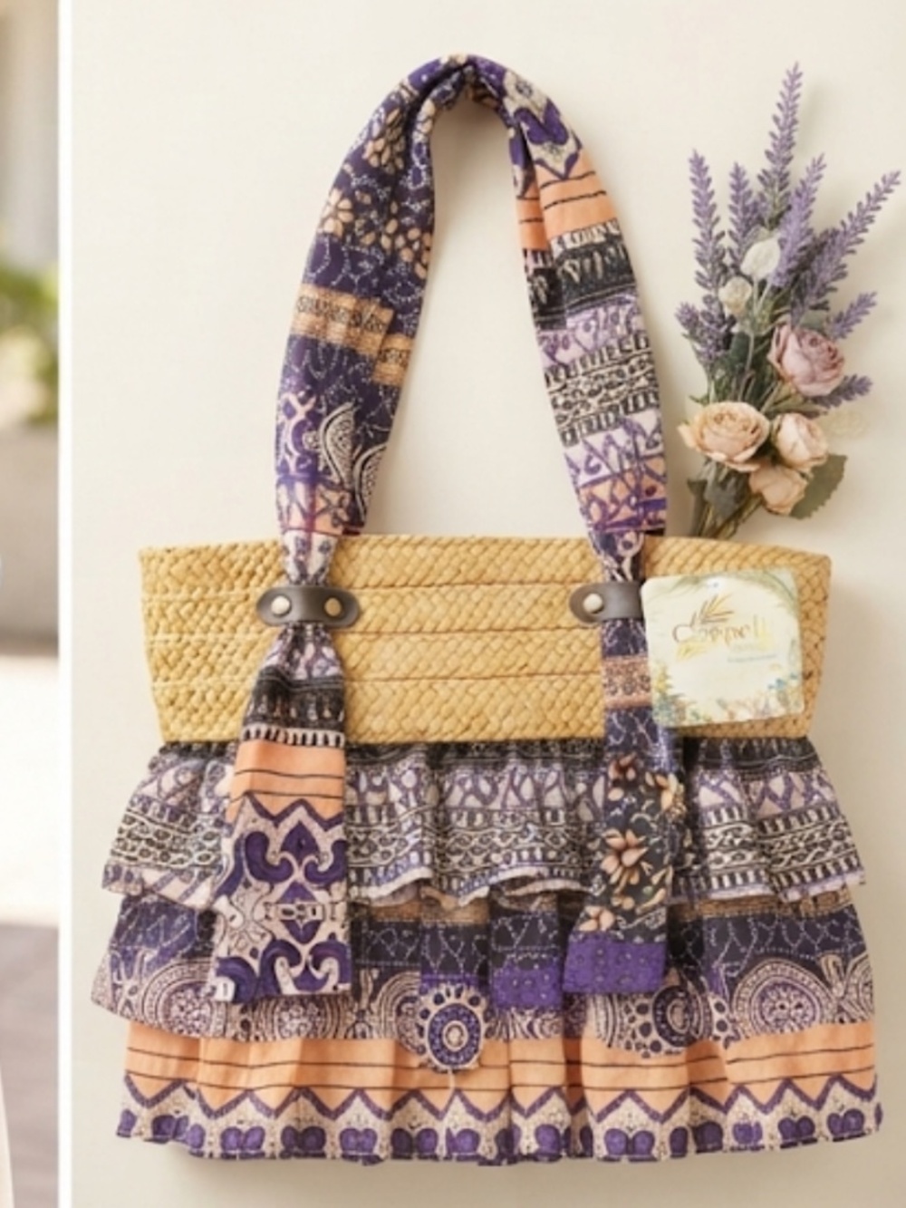 NWT Cappelli Straworld Bag Tote Purse Hand Crafted Boho Chic Ruffled Zip Close - Picture 2 of 16